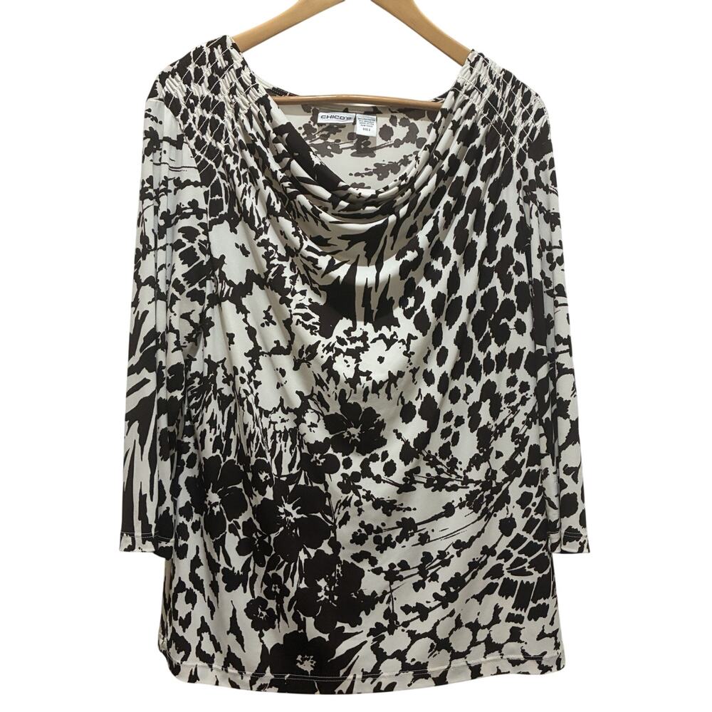 Chicos Top Womens SZ 2 (L) Brown Drape Cowl Neck Long Sleeve Stretch Blouse